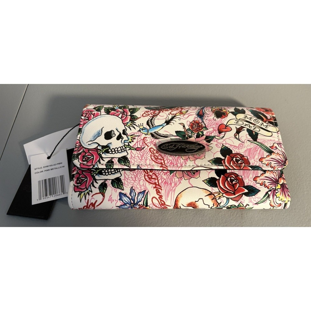 Ed Hardy trifold skull‎ and flower wallet with swallow new